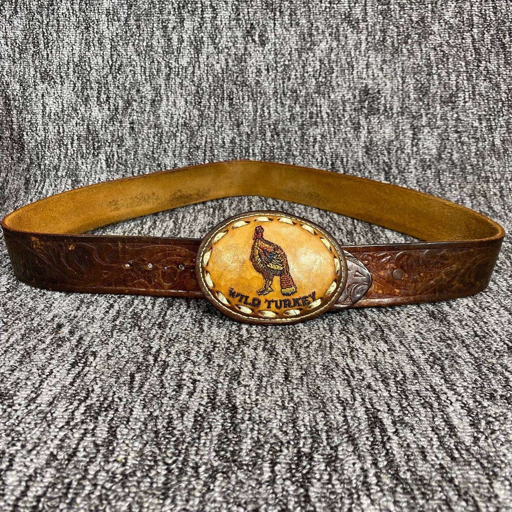 Vintage Hand Tooled Leather Western Belt 42 Wild Turkey Leather Buckle Tooled